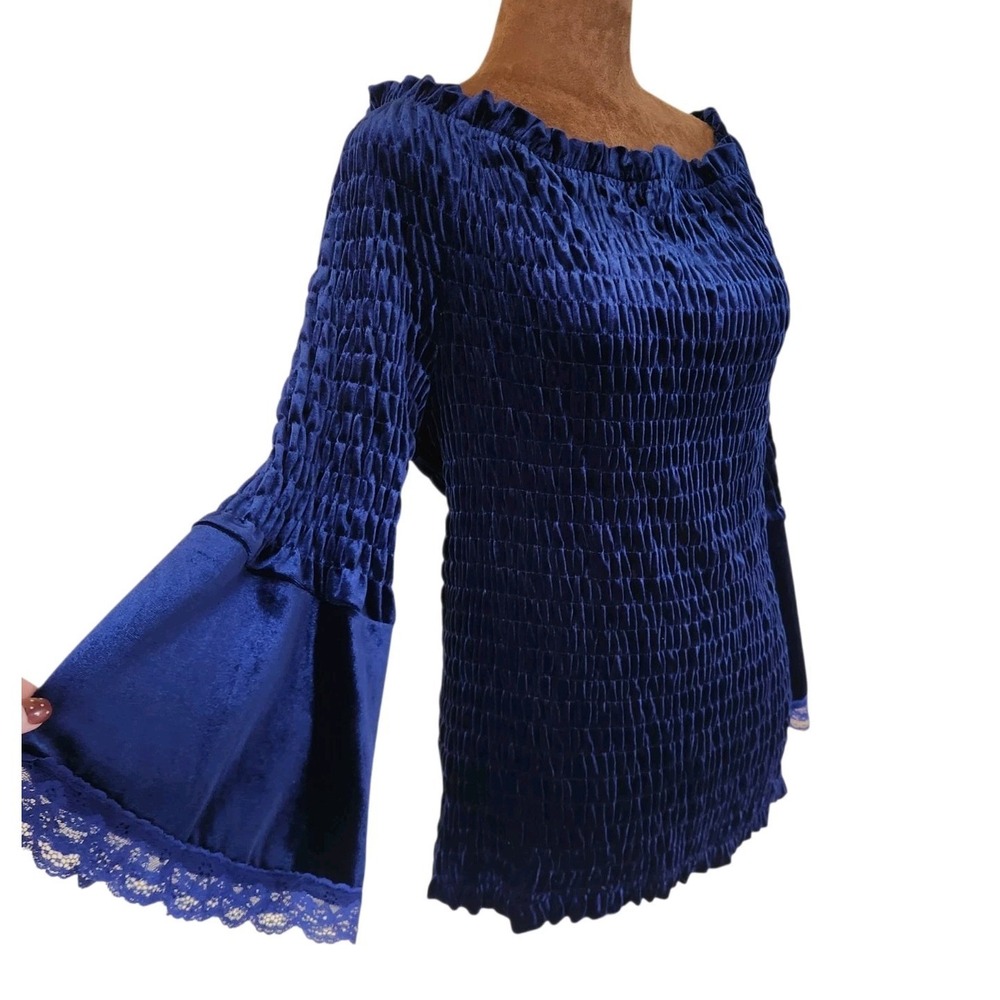 The Pyramid Collection Top Velvet Smocked Bell Sleeve Blue Size 1X Off Shoulder